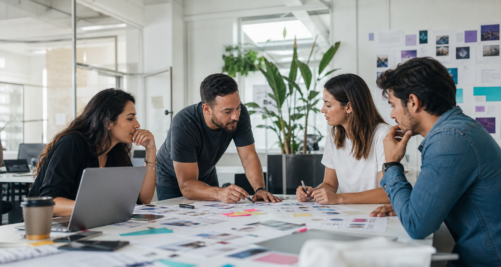Equipo reunido alrededor de una mesa revisando una estrategia de marketing